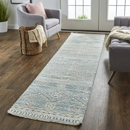 10' Ivory Blue And Gray Geometric Hand Knotted Runner Rug Photo 4