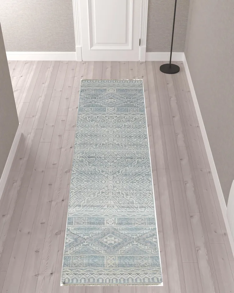 10' Ivory Blue And Gray Geometric Hand Knotted Runner Rug Photo 2