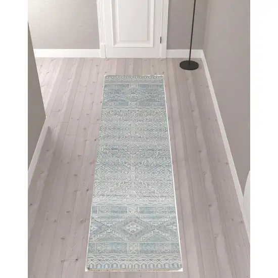 10' Ivory Blue And Gray Geometric Hand Knotted Runner Rug Photo 2