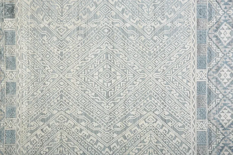 10' Ivory Blue And Gray Geometric Hand Knotted Runner Rug Photo 3