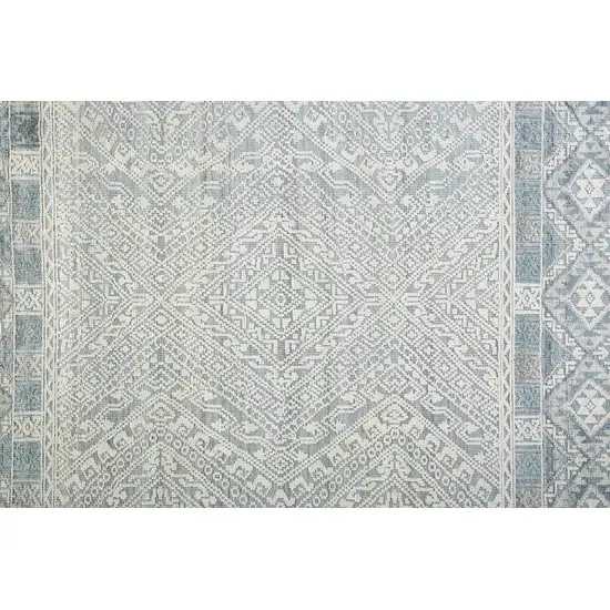 10' Ivory Blue And Gray Geometric Hand Knotted Runner Rug Photo 3