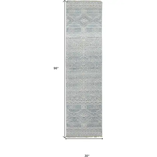 8' Ivory Blue And Gray Geometric Hand Knotted Runner Rug Photo 5