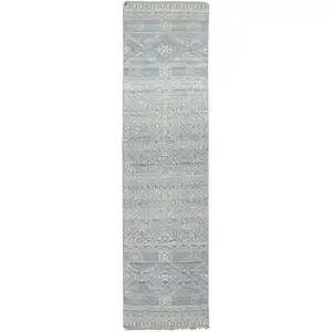 Photo of 8' Ivory Blue And Gray Geometric Hand Knotted Runner Rug