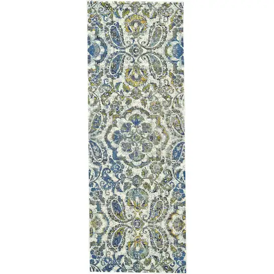 8' Ivory Blue And Green Floral Stain Resistant Runner Rug Photo 2