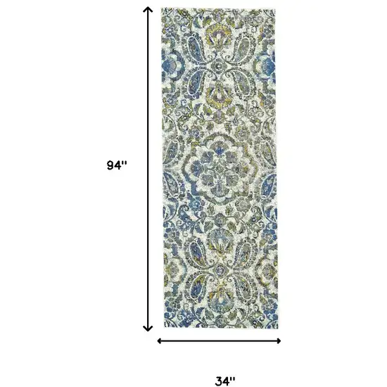 8' Ivory Blue And Green Floral Stain Resistant Runner Rug Photo 3