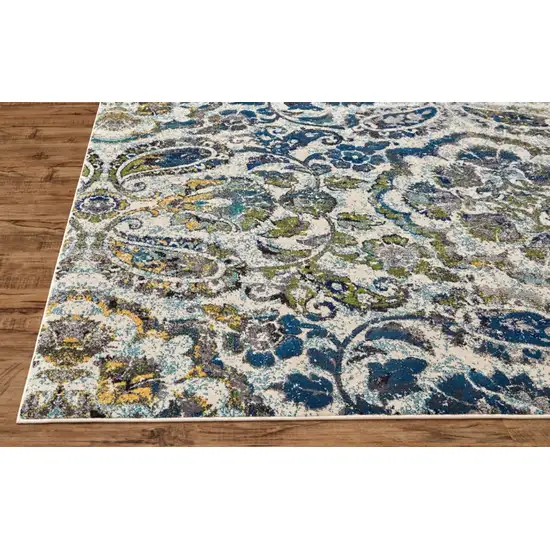 8' Ivory Blue And Green Floral Stain Resistant Runner Rug Photo 1