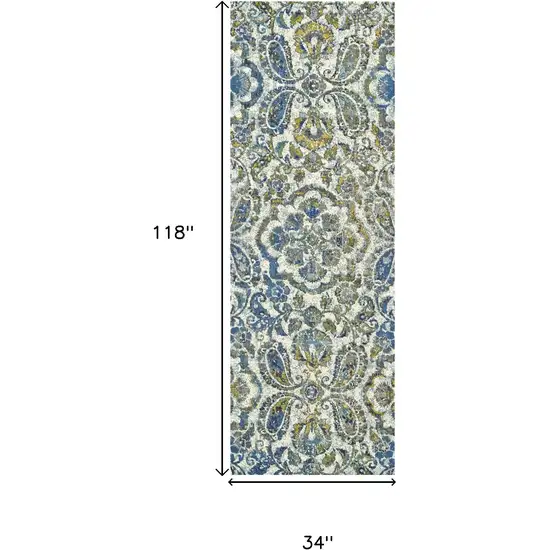 10' Ivory Blue And Green Floral Stain Resistant Runner Rug Photo 3