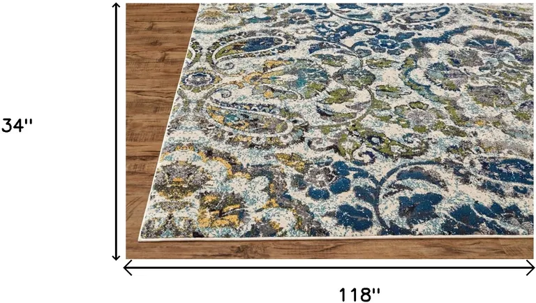 10' Ivory Blue And Green Floral Stain Resistant Runner Rug Photo 4