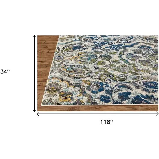 10' Ivory Blue And Green Floral Stain Resistant Runner Rug Photo 4