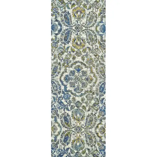 10' Ivory Blue And Green Floral Stain Resistant Runner Rug Photo 2