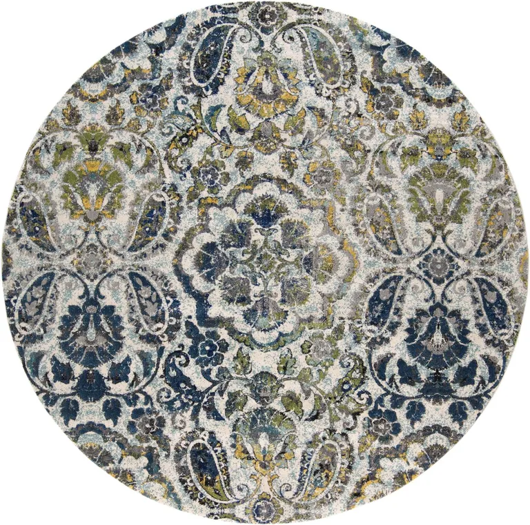 8' Ivory Blue And Green Round Floral Stain Resistant Area Rug Photo 1