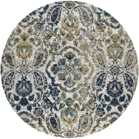 8' Ivory Blue And Green Round Floral Stain Resistant Area Rug Photo 1