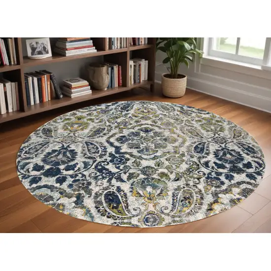 8' Ivory Blue And Green Round Floral Stain Resistant Area Rug Photo 1