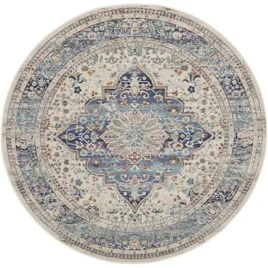 6' Ivory Blue And Orange Floral Distressed Round Rug Photo 2