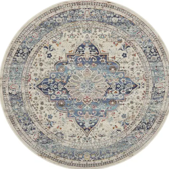 6' Ivory Blue And Orange Floral Distressed Round Rug Photo 9