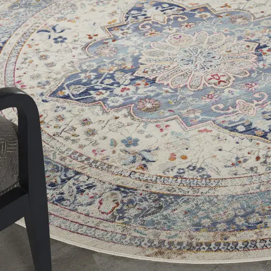 6' Ivory Blue And Orange Floral Distressed Round Rug Photo 8