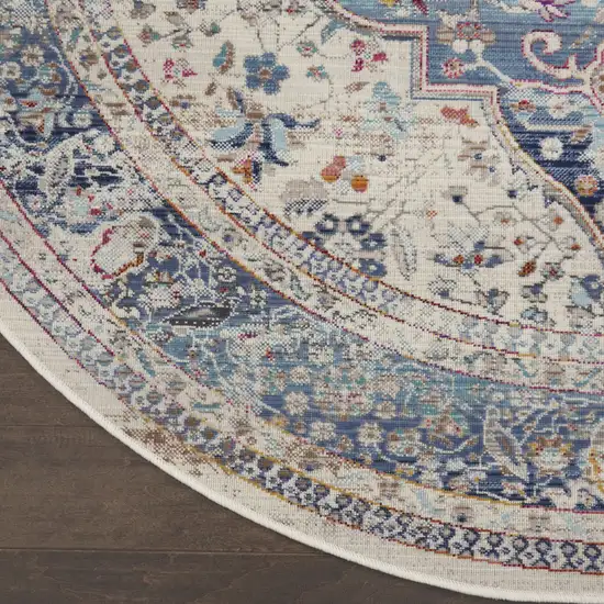 6' Ivory Blue And Orange Floral Distressed Round Rug Photo 4