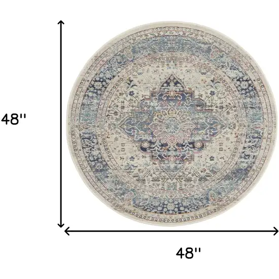 4' Ivory Blue And Orange Floral Distressed Round Rug Photo 3