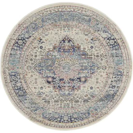 4' Ivory Blue And Orange Floral Distressed Round Rug Photo 2