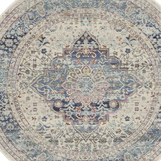 4' Ivory Blue And Orange Floral Distressed Round Rug Photo 9