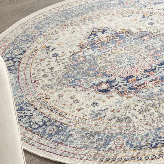 4' Ivory Blue And Orange Floral Distressed Round Rug Photo 8