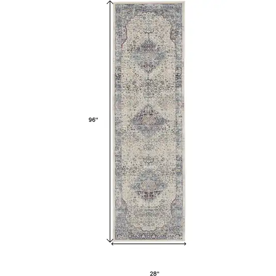 8' Ivory Blue And Orange Floral Distressed Runner Rug Photo 3