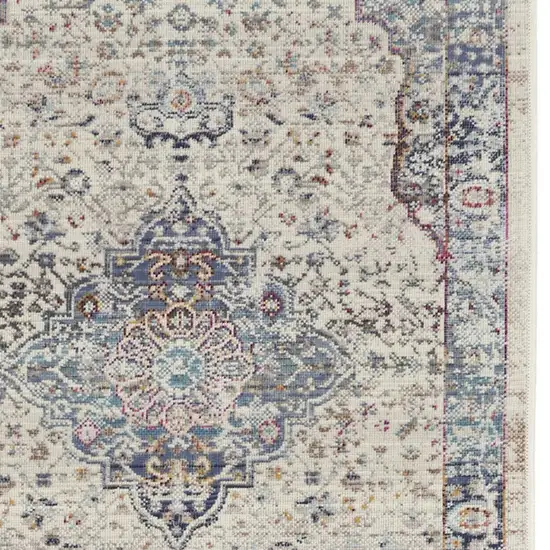 8' Ivory Blue And Orange Floral Distressed Runner Rug Photo 8