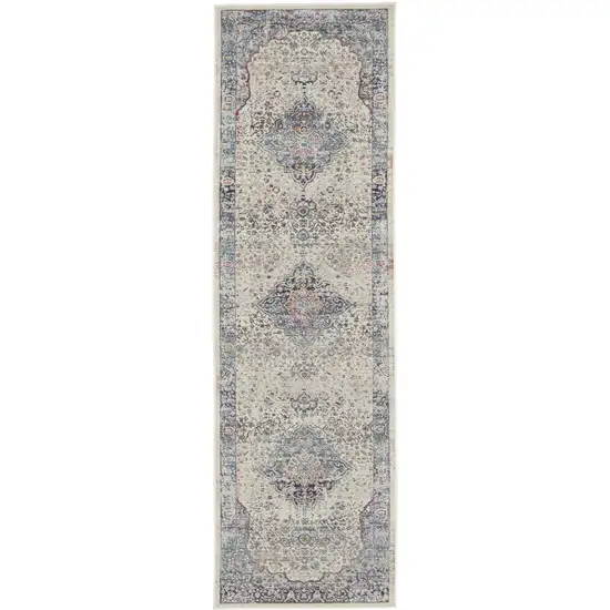 8' Ivory Blue And Orange Floral Distressed Runner Rug Photo 2