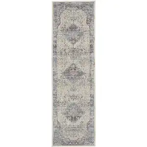 Photo of 6' Ivory Blue And Orange Floral Distressed Runner Rug