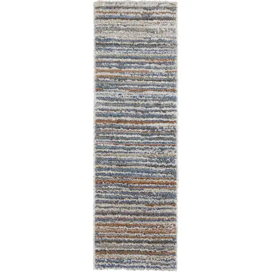 8' Ivory Blue And Orange Striped Power Loom Stain Resistant Runner Rug Photo 1