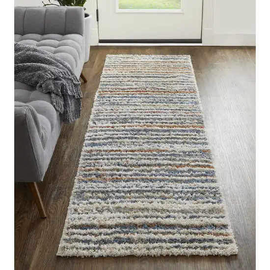 8' Ivory Blue And Orange Striped Power Loom Stain Resistant Runner Rug Photo 4