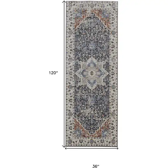 10' Ivory Blue And Red Floral Power Loom Runner Rug With Fringe Photo 7