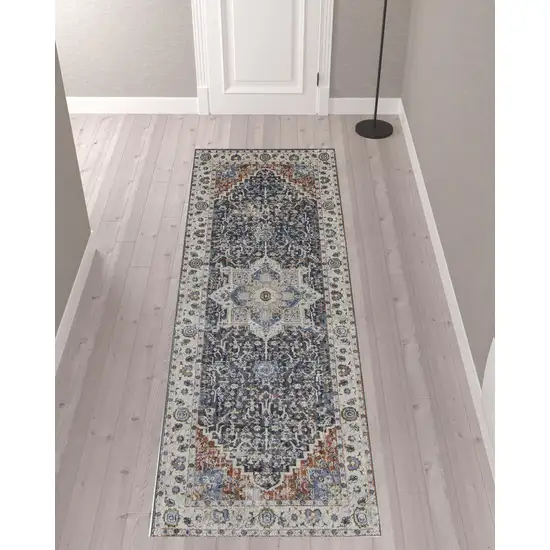 10' Ivory Blue And Red Floral Power Loom Runner Rug With Fringe Photo 2