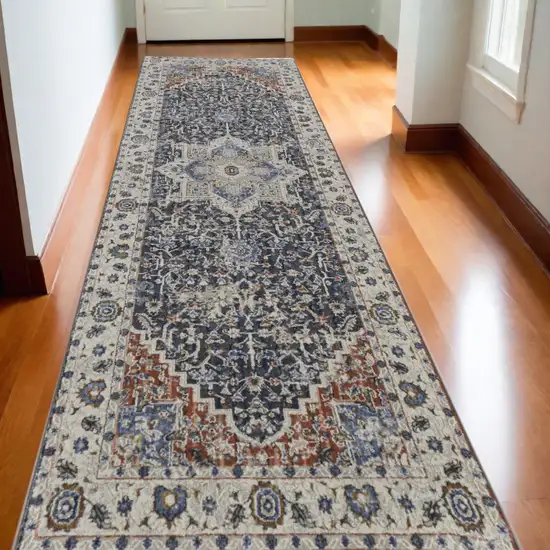 10' Ivory and Blue Floral Power Loom Non Skid Runner Rug Photo 1