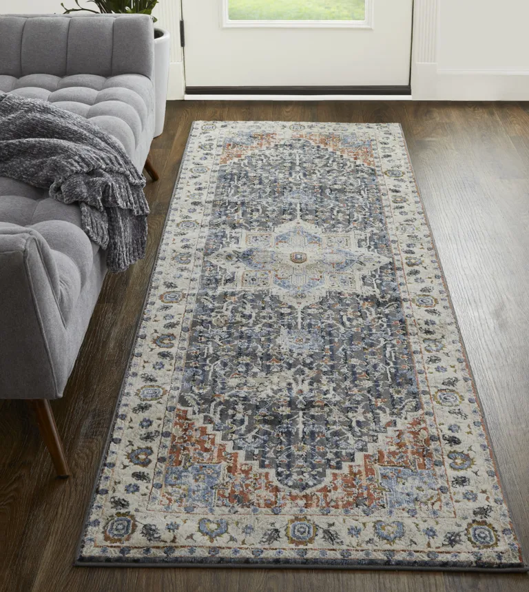 8' Ivory Blue And Red Floral Power Loom Runner Rug With Fringe Photo 1