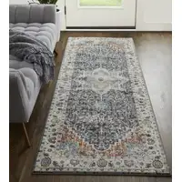 Photo of 8' Ivory Blue And Red Floral Power Loom Runner Rug With Fringe