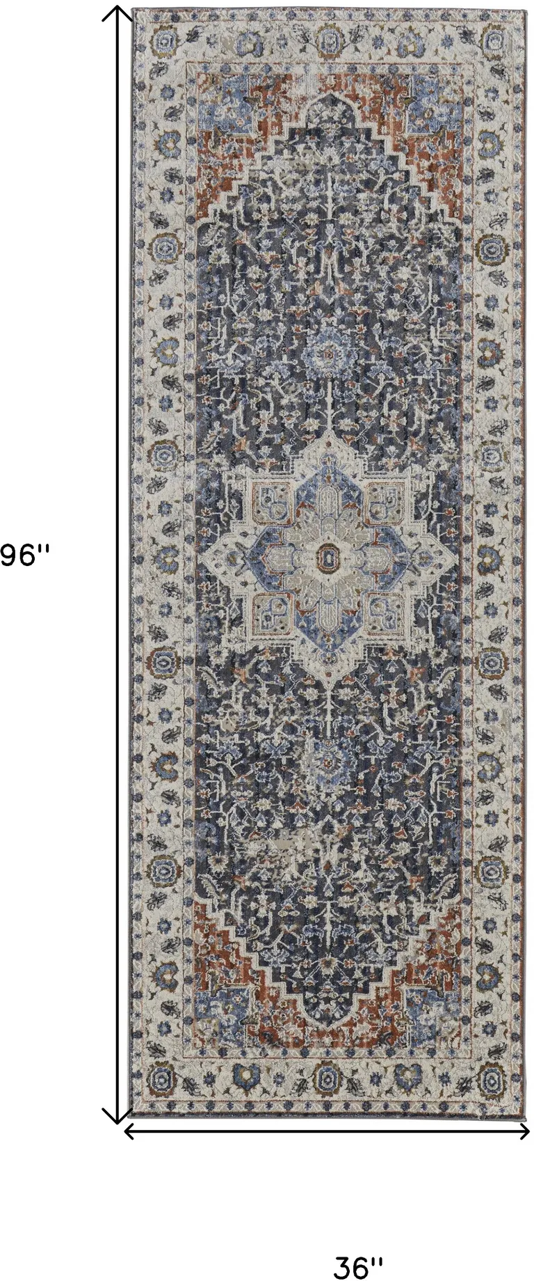 8' Ivory Blue And Red Floral Power Loom Runner Rug With Fringe Photo 3