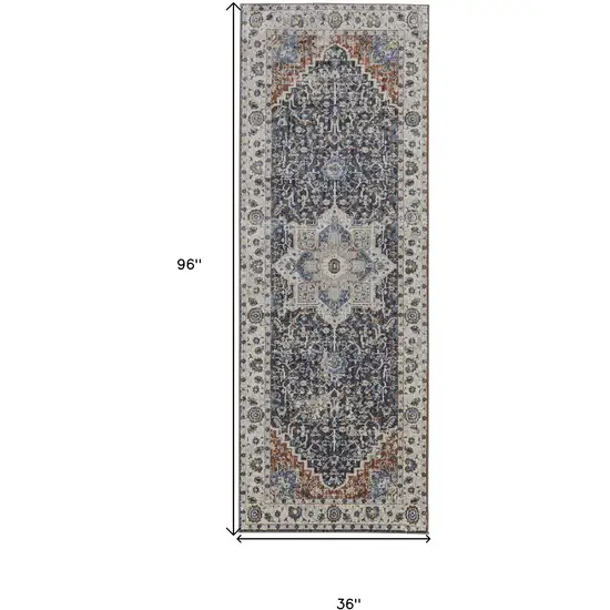 8' Ivory Blue And Red Floral Power Loom Runner Rug With Fringe Photo 7