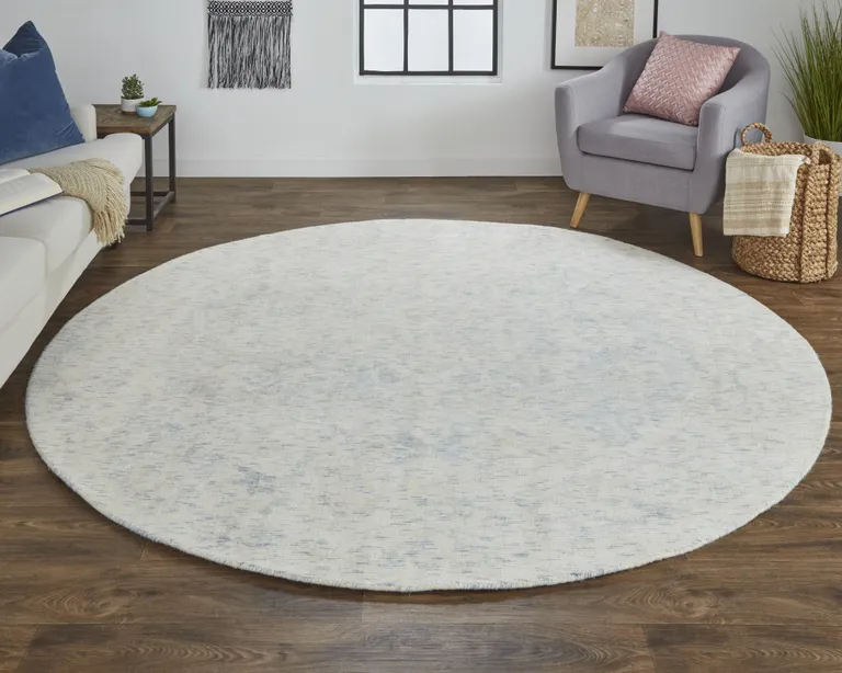 8' Ivory Blue And Tan Round Abstract Hand Woven Area Rug Photo 4