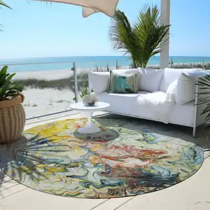 Photo of 8' Ivory Blue And Yellow Round Abstract Washable Indoor Outdoor Area Rug