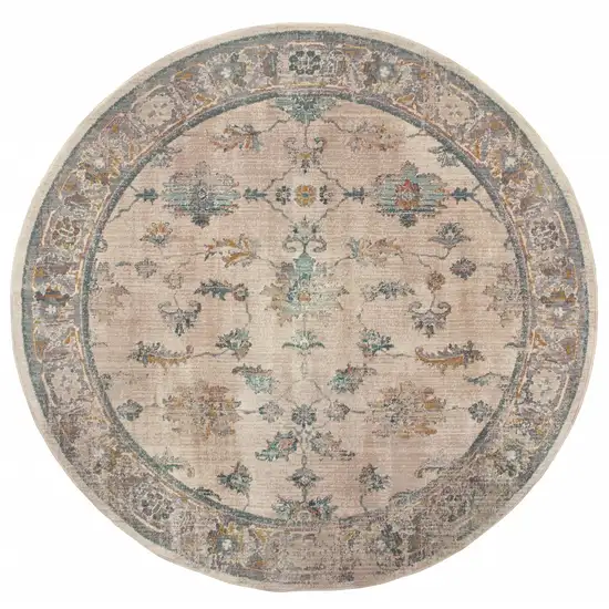 8' Ivory Blue Gold And Grey Round Oriental Power Loom Stain Resistant Area Rug Photo 1