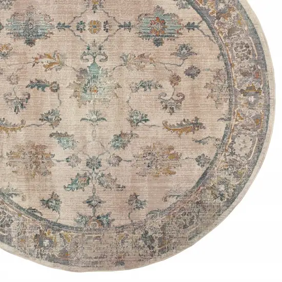 8' Ivory Blue Gold And Grey Round Oriental Power Loom Stain Resistant Area Rug Photo 3