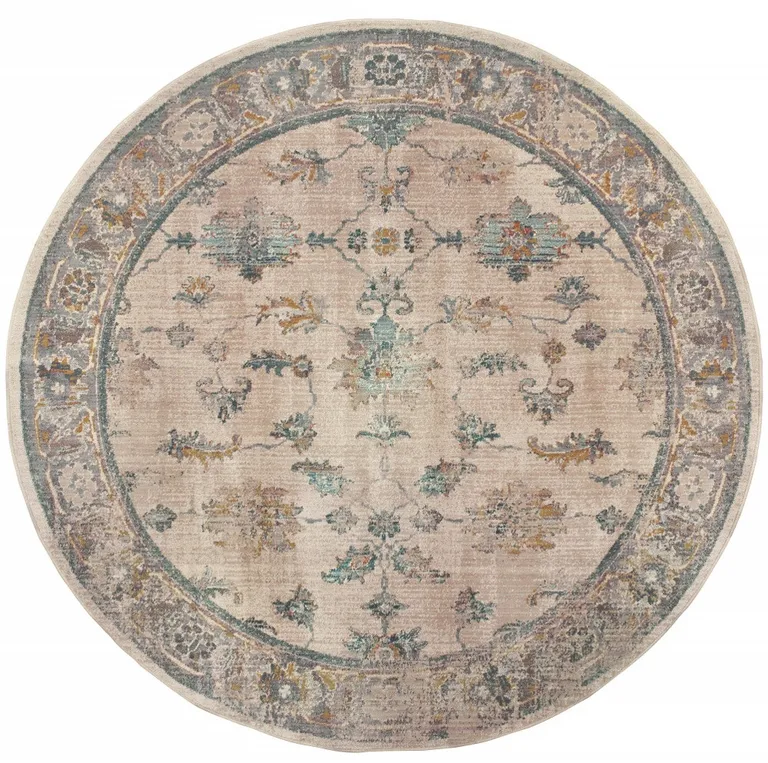 8' Ivory Blue Gold And Grey Round Oriental Power Loom Stain Resistant Area Rug Photo 4