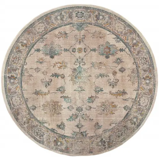 8' Ivory Blue Gold And Grey Round Oriental Power Loom Stain Resistant Area Rug Photo 4