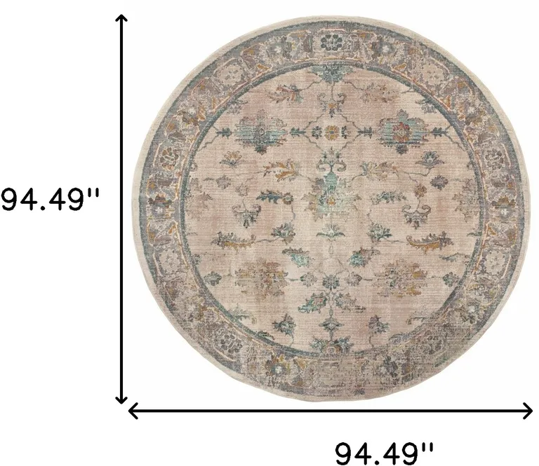 8' Ivory Blue Gold And Grey Round Oriental Power Loom Stain Resistant Area Rug Photo 5