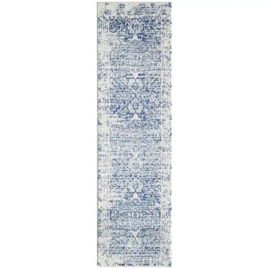 7' Ivory Blue Machine Woven Distressed Medallion Indoor Runner Rug Photo 1