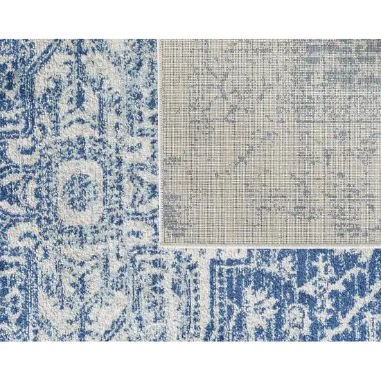 7' Ivory Blue Machine Woven Distressed Medallion Indoor Runner Rug Photo 4