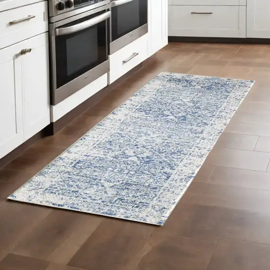 7' Ivory Blue Machine Woven Distressed Medallion Indoor Runner Rug Photo 1