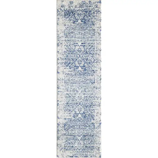 7' Ivory Blue Machine Woven Distressed Medallion Indoor Runner Rug Photo 5