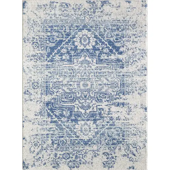 7' Ivory Blue Machine Woven Distressed Medallion Indoor Runner Rug Photo 2